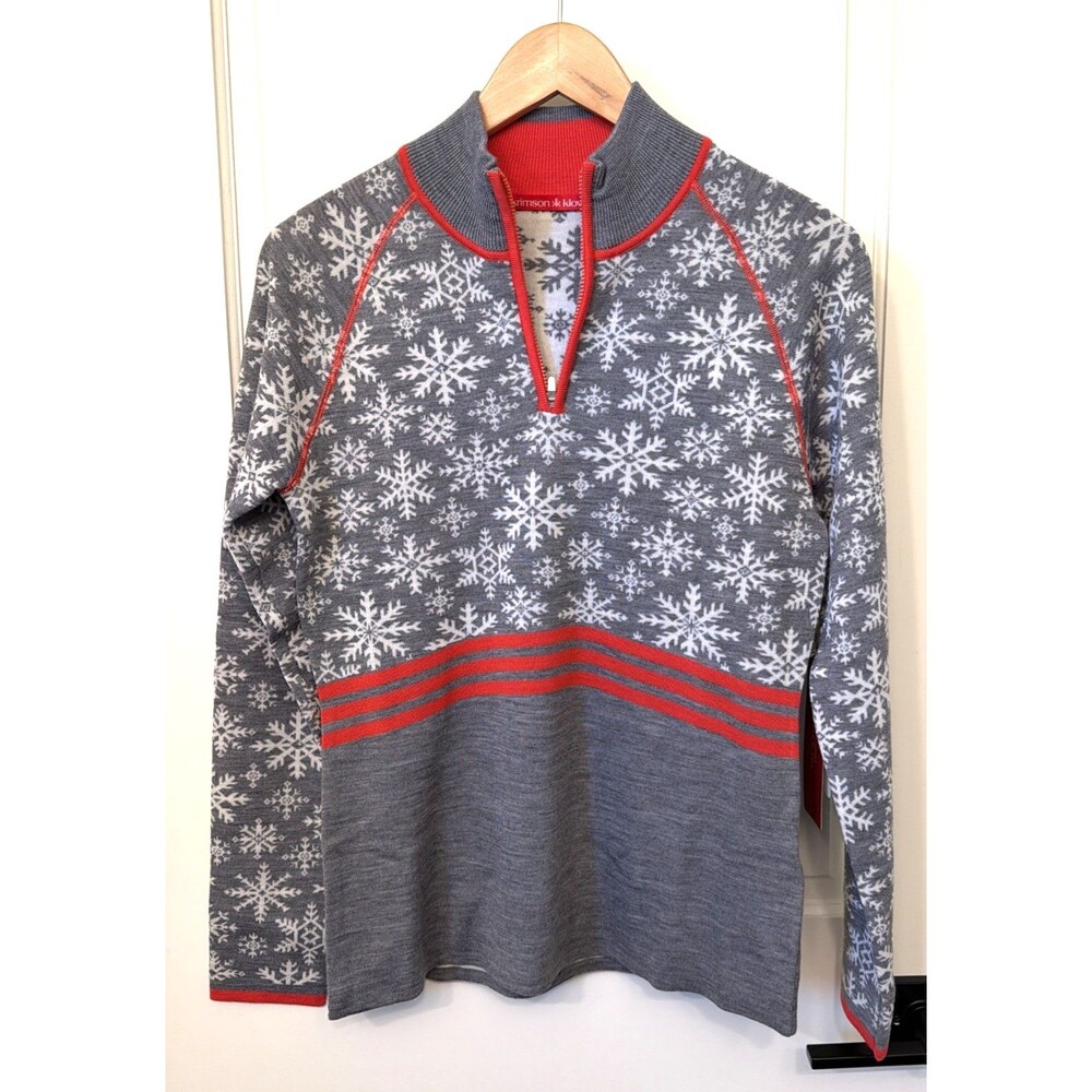 NWT Krimson Klover 1/4 Zip Base Layer 100% Wool Gray Sweater L Snowflakes Ski